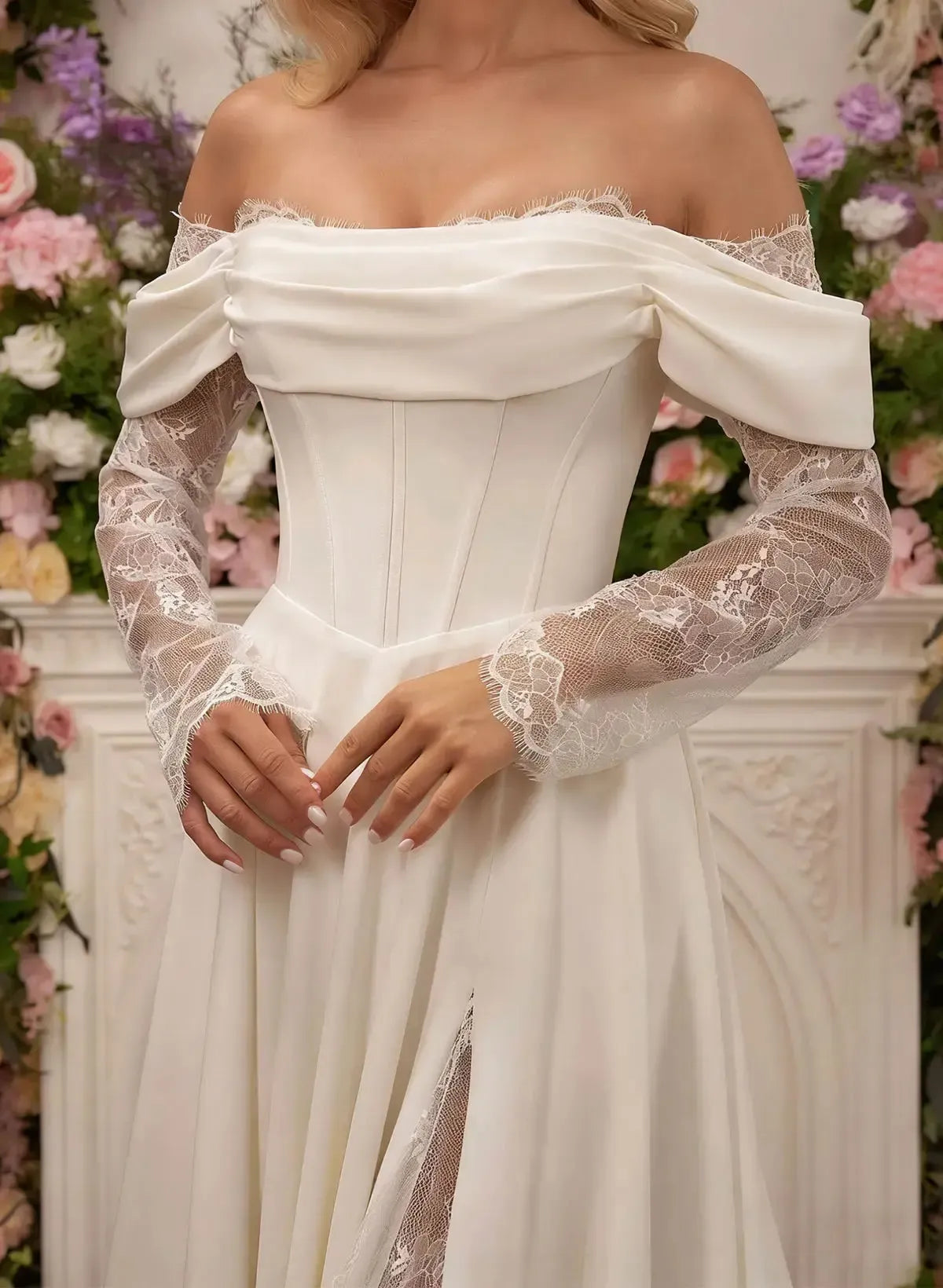 A Line Off the Shoulder Long Sleeves Court Train Lace Wedding Dress with Front Slit