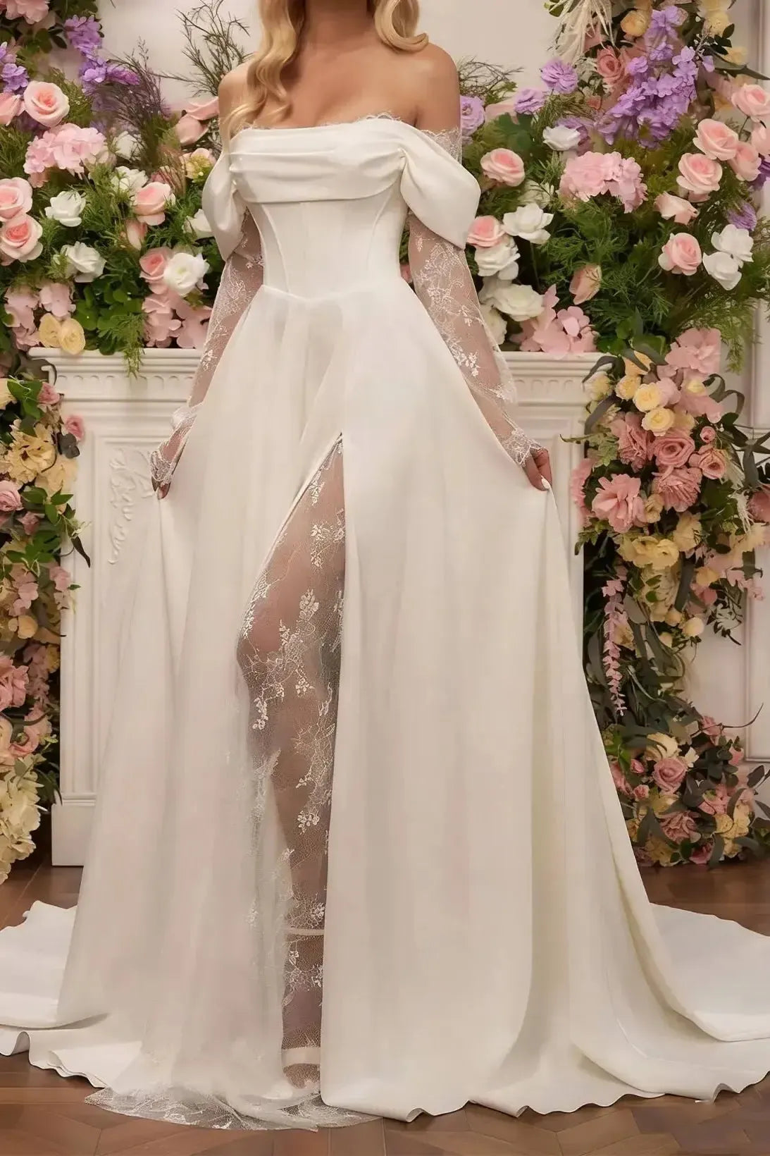 A Line Off the Shoulder Long Sleeves Court Train Lace Wedding Dress with Front Slit