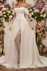 A Line Off the Shoulder Long Sleeves Court Train Lace Wedding Dress with Front Slit