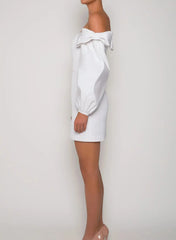 A Line Off the Shoulder Long Sleeves Short Mini Elastic Satin Wedding Dress with Bow