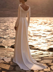 A Line Off the Shoulder Long Sleeves Sweep Train Elastic Satin Wedding Dress
