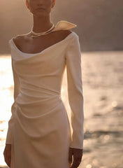 A Line Off the Shoulder Long Sleeves Sweep Train Elastic Satin Wedding Dress