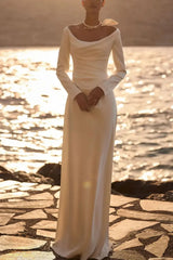 A Line Off the Shoulder Long Sleeves Sweep Train Elastic Satin Wedding Dress