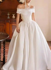 A Line Off the Shoulder Sleeveless Sweep Train Wedding Dress