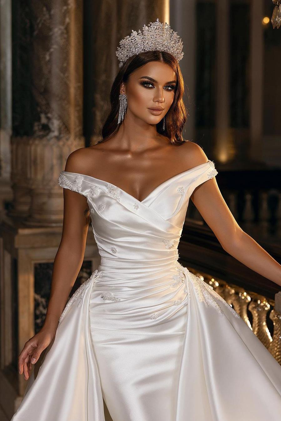 A Line Off the Shoulder Sweetheart Backless Satin Wedding Dress with Ruffles and Appliques