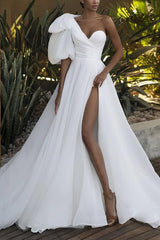 A-Line One-Shoulder Organza Beach Wedding Dresses With Split Front Bow