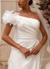 A Line One Shoulder Sleeveless Chapel Train Elastic Satin Wedding Dress with High Slit