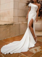 A Line One Shoulder Sleeveless Chapel Train Elastic Satin Wedding Dress with High Slit