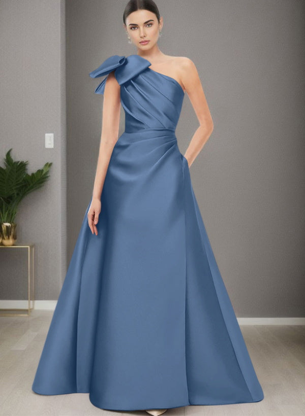 A Line One Shoulder Sleeveless Satin Bridesmaid Dresses With Bow(s) and Pockets
