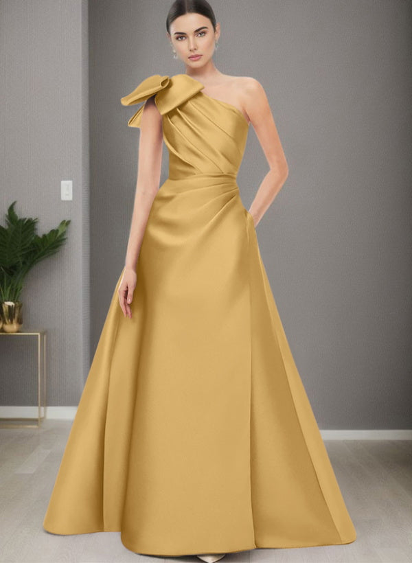 A Line One Shoulder Sleeveless Satin Bridesmaid Dresses With Bow(s) and Pockets
