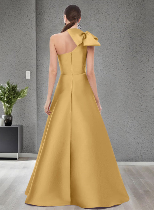 A Line One Shoulder Sleeveless Satin Bridesmaid Dresses With Bow(s) and Pockets