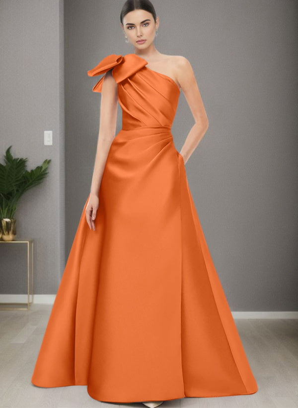 A Line One Shoulder Sleeveless Satin Bridesmaid Dresses With Bow(s) and Pockets