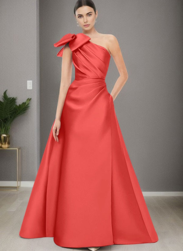 A Line One Shoulder Sleeveless Satin Bridesmaid Dresses With Bow(s) and Pockets