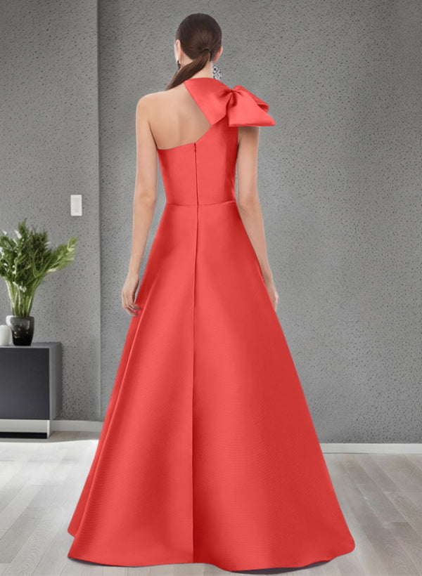 A Line One Shoulder Sleeveless Satin Bridesmaid Dresses With Bow(s) and Pockets
