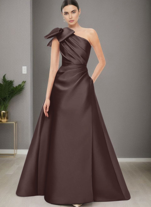 A Line One Shoulder Sleeveless Satin Bridesmaid Dresses With Bow(s) and Pockets