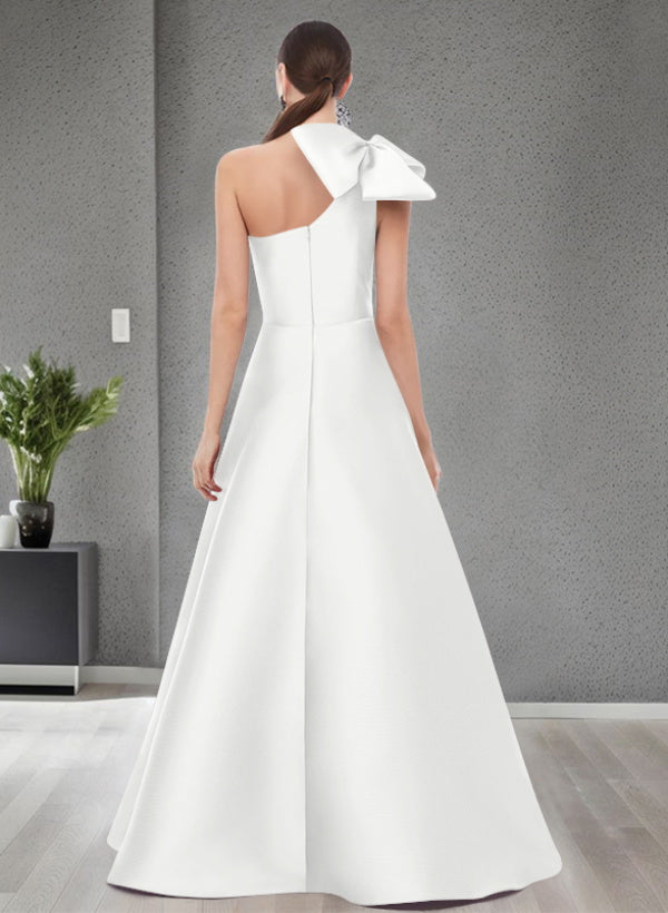 A Line One Shoulder Sleeveless Satin Bridesmaid Dresses With Bow(s) and Pockets