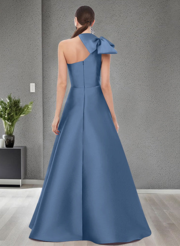 A Line One Shoulder Sleeveless Satin Bridesmaid Dresses With Bow(s) and Pockets