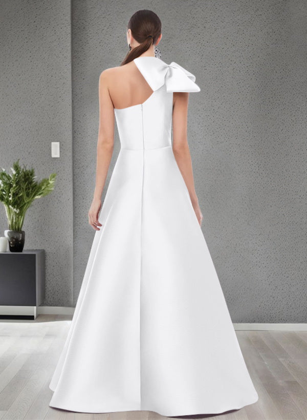 A Line One Shoulder Sleeveless Satin Bridesmaid Dresses With Bow(s) and Pockets