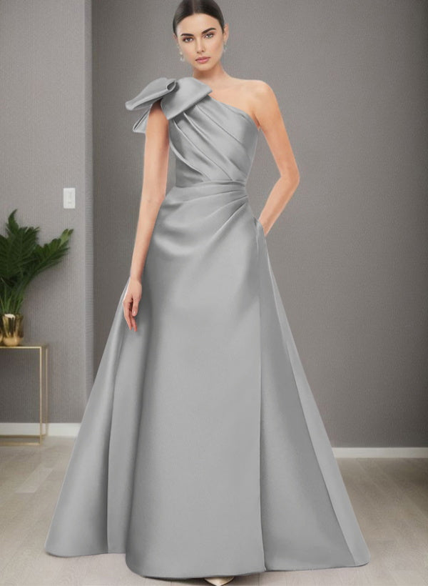 A Line One Shoulder Sleeveless Satin Bridesmaid Dresses With Bow(s) and Pockets
