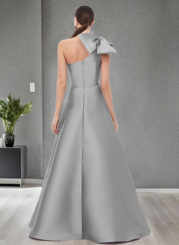 A Line One Shoulder Sleeveless Satin Bridesmaid Dresses With Bow(s) and Pockets