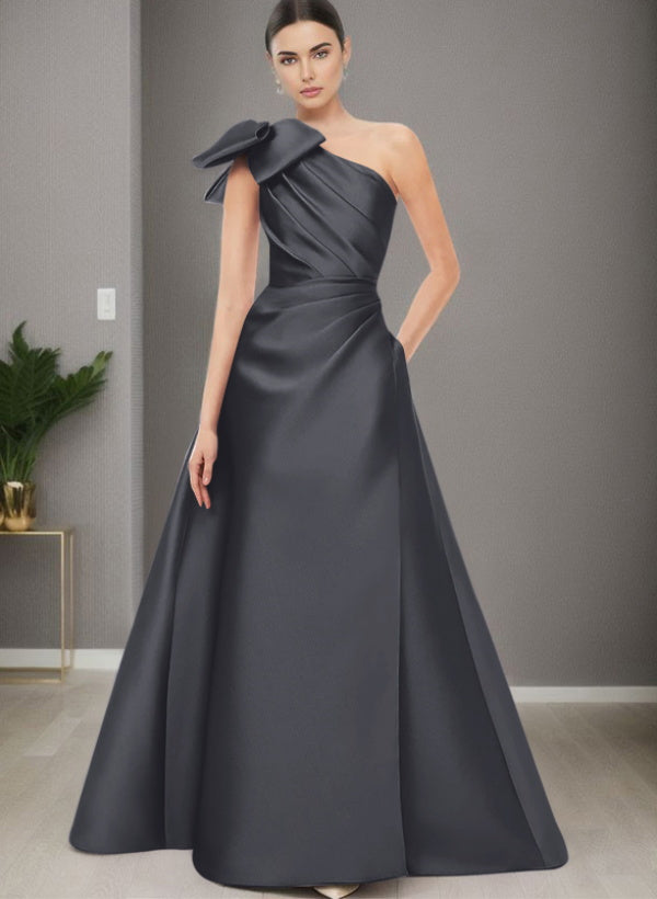A Line One Shoulder Sleeveless Satin Bridesmaid Dresses With Bow(s) and Pockets
