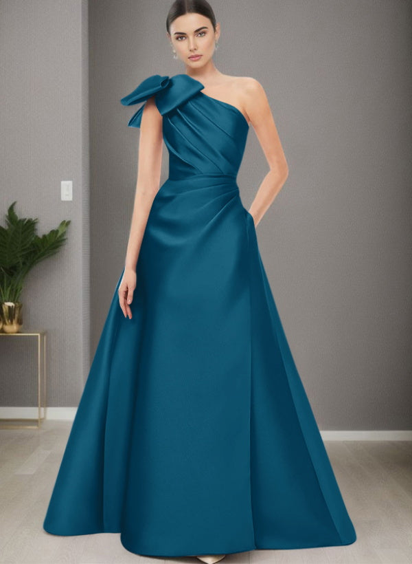 A Line One Shoulder Sleeveless Satin Bridesmaid Dresses With Bow(s) and Pockets