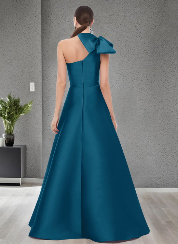 A Line One Shoulder Sleeveless Satin Bridesmaid Dresses With Bow(s) and Pockets