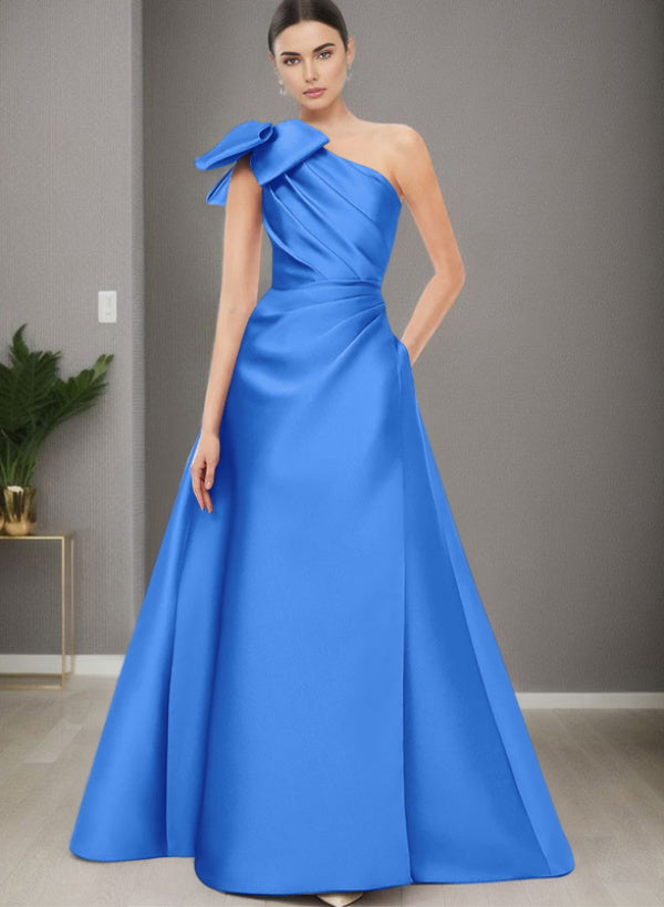 A Line One Shoulder Sleeveless Satin Bridesmaid Dresses With Bow(s) and Pockets