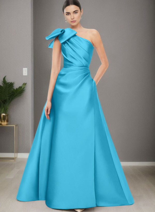 A Line One Shoulder Sleeveless Satin Bridesmaid Dresses With Bow(s) and Pockets