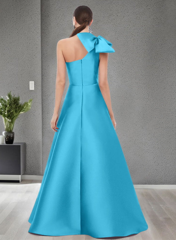 A Line One Shoulder Sleeveless Satin Bridesmaid Dresses With Bow(s) and Pockets