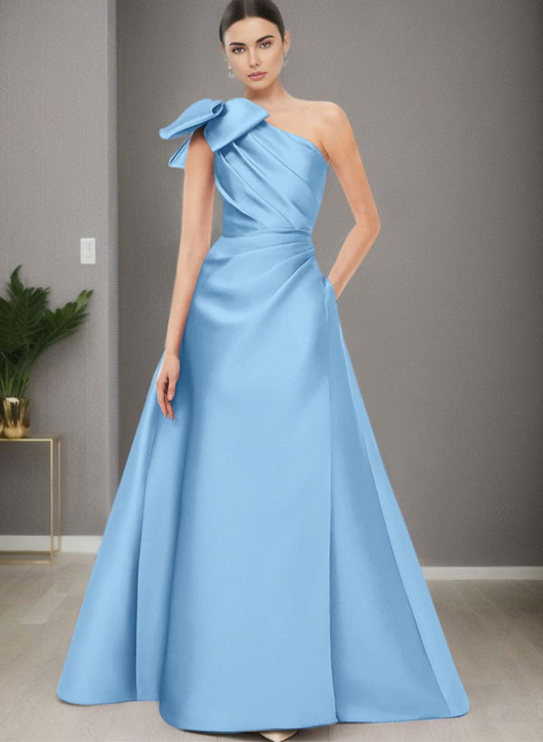 A Line One Shoulder Sleeveless Satin Bridesmaid Dresses With Bow(s) and Pockets