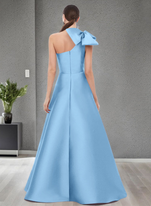 A Line One Shoulder Sleeveless Satin Bridesmaid Dresses With Bow(s) and Pockets