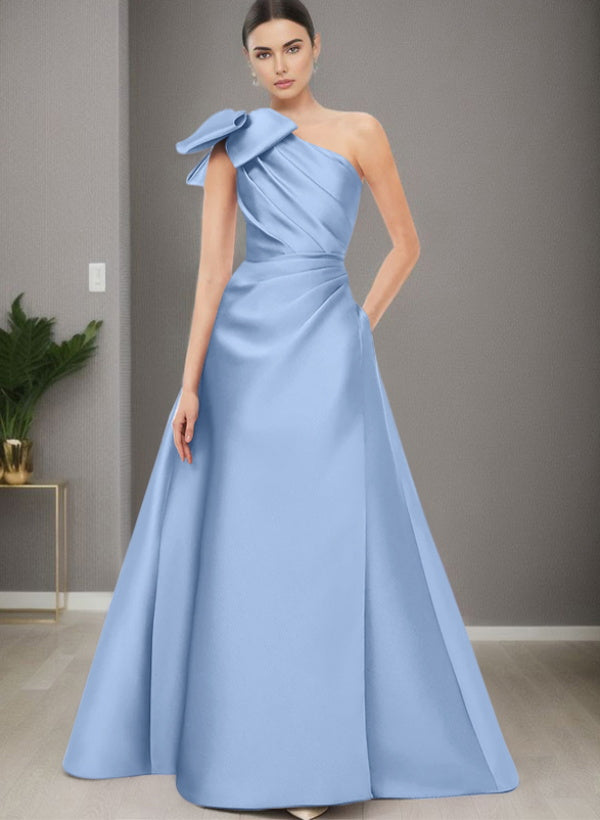 A Line One Shoulder Sleeveless Satin Bridesmaid Dresses With Bow(s) and Pockets