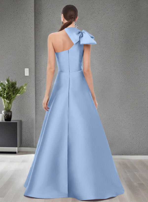A Line One Shoulder Sleeveless Satin Bridesmaid Dresses With Bow(s) and Pockets