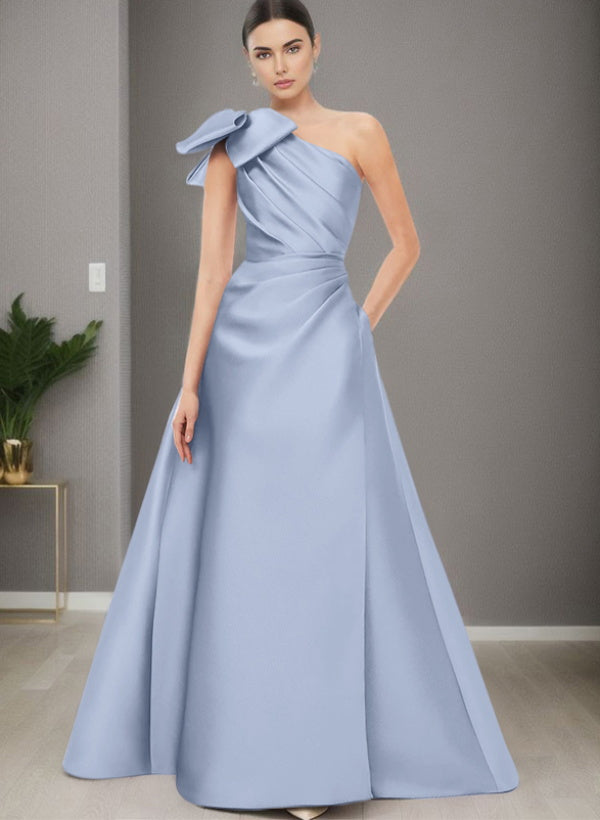 A Line One Shoulder Sleeveless Satin Bridesmaid Dresses With Bow(s) and Pockets