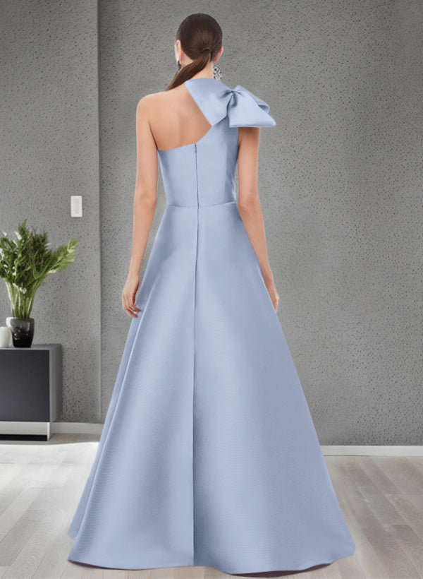 A Line One Shoulder Sleeveless Satin Bridesmaid Dresses With Bow(s) and Pockets