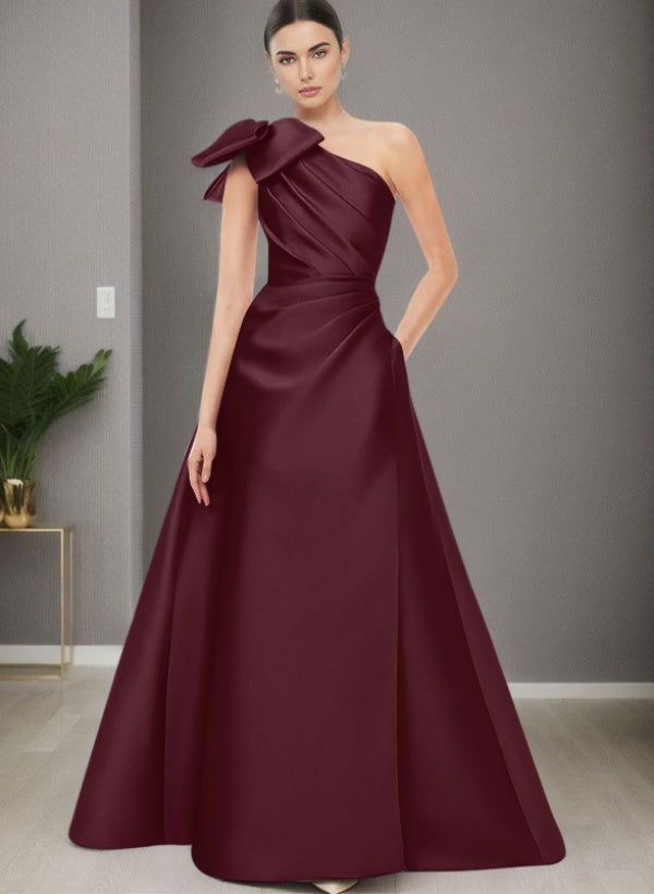 A Line One Shoulder Sleeveless Satin Bridesmaid Dresses With Bow(s) and Pockets