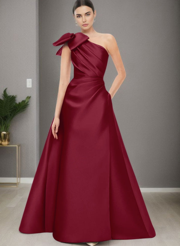 A Line One Shoulder Sleeveless Satin Bridesmaid Dresses With Bow(s) and Pockets