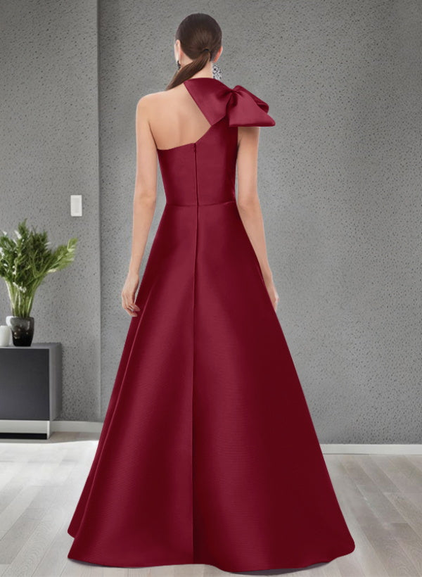 A Line One Shoulder Sleeveless Satin Bridesmaid Dresses With Bow(s) and Pockets