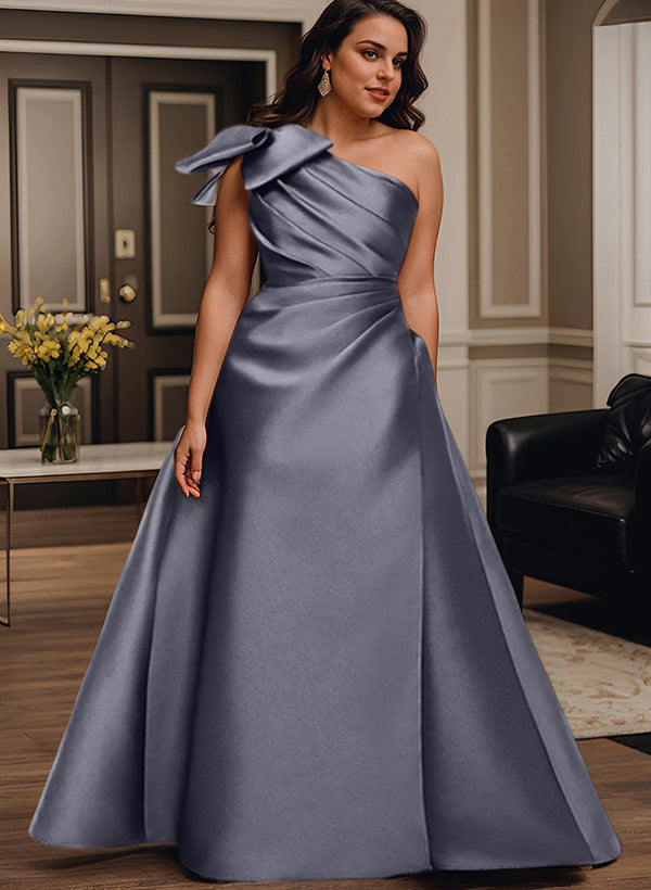 A Line One Shoulder Sleeveless Satin Bridesmaid Dresses With Bow(s) and Pockets