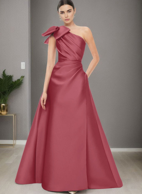 A Line One Shoulder Sleeveless Satin Bridesmaid Dresses With Bow(s) and Pockets