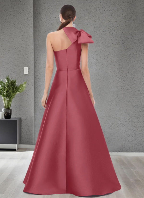 A Line One Shoulder Sleeveless Satin Bridesmaid Dresses With Bow(s) and Pockets