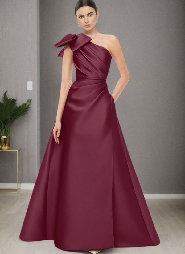 A Line One Shoulder Sleeveless Satin Bridesmaid Dresses With Bow(s) and Pockets