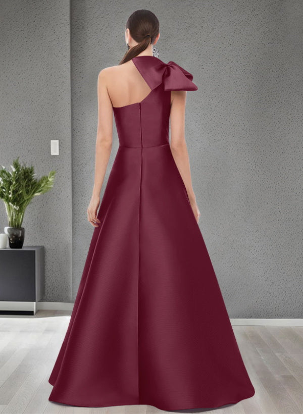 A Line One Shoulder Sleeveless Satin Bridesmaid Dresses With Bow(s) and Pockets