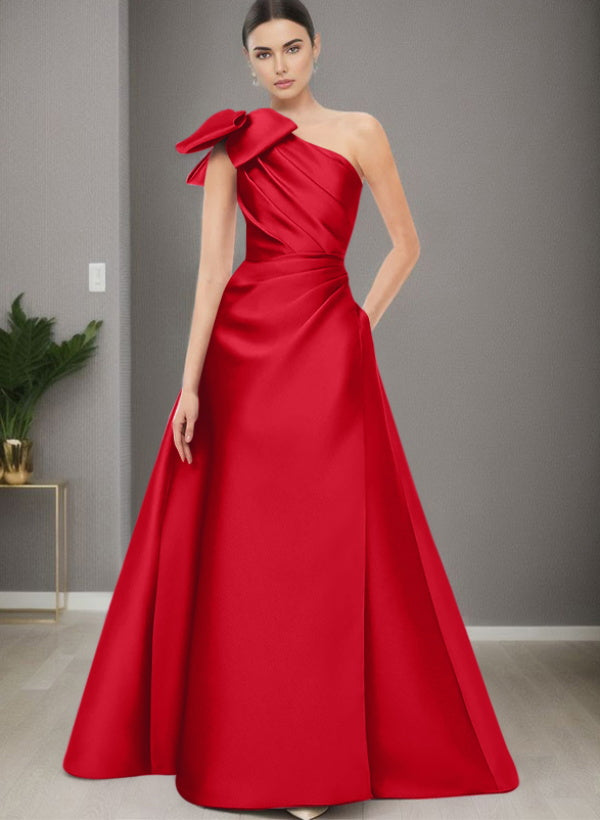 A Line One Shoulder Sleeveless Satin Bridesmaid Dresses With Bow(s) and Pockets
