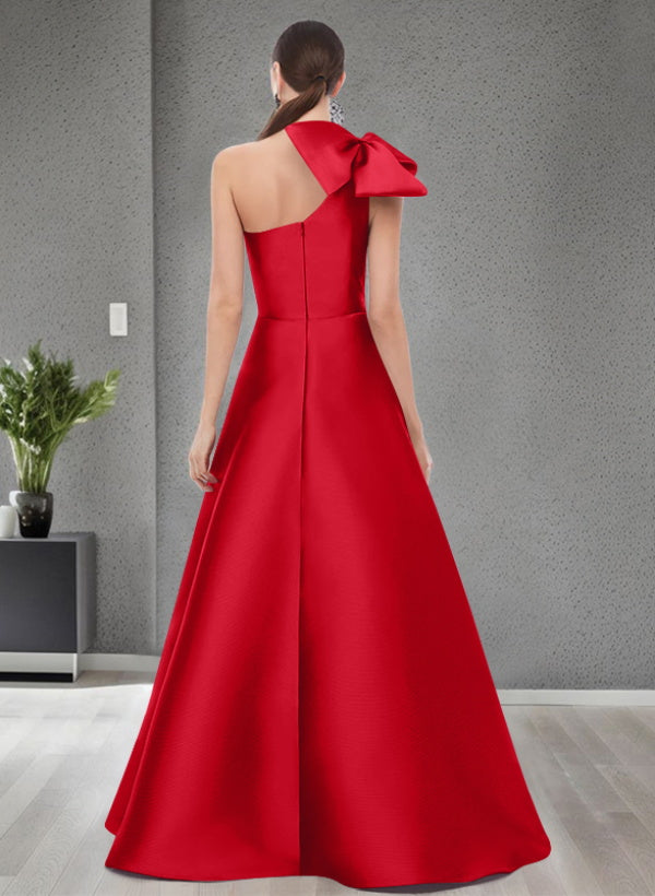 A Line One Shoulder Sleeveless Satin Bridesmaid Dresses With Bow(s) and Pockets