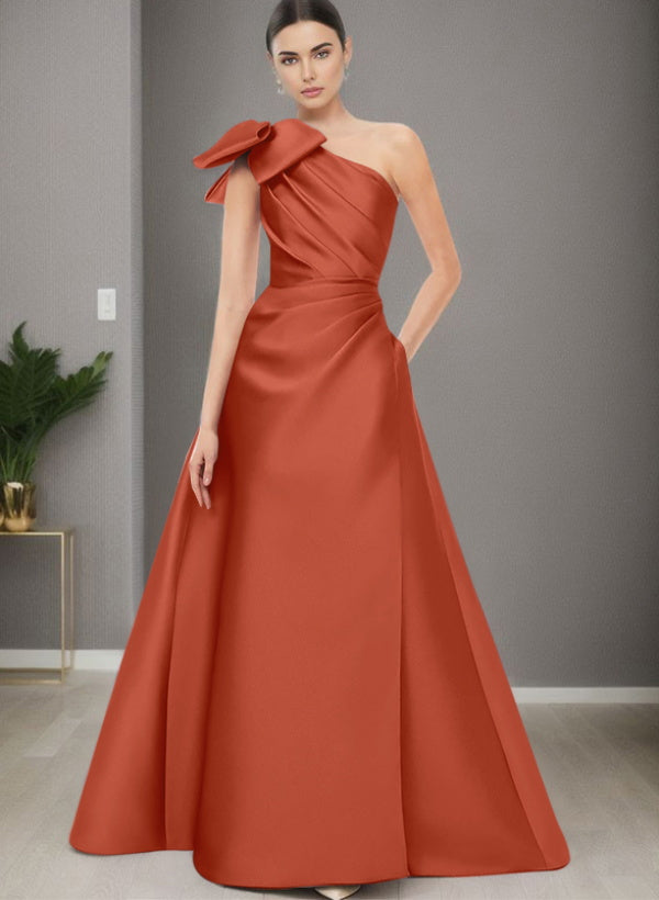 A Line One Shoulder Sleeveless Satin Bridesmaid Dresses With Bow(s) and Pockets