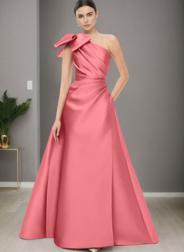 A Line One Shoulder Sleeveless Satin Bridesmaid Dresses With Bow(s) and Pockets