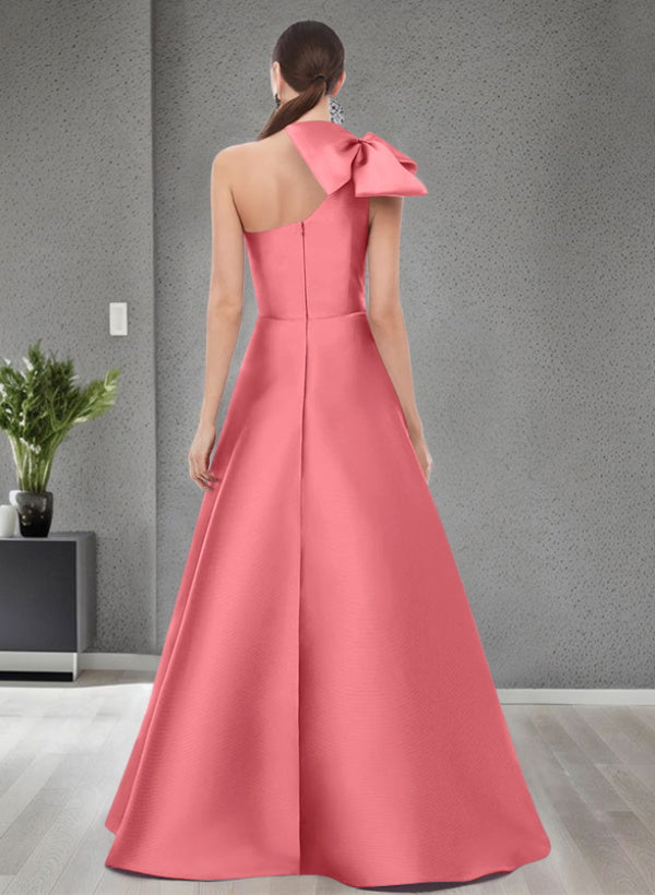 A Line One Shoulder Sleeveless Satin Bridesmaid Dresses With Bow(s) and Pockets