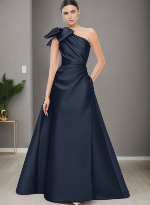 A Line One Shoulder Sleeveless Satin Bridesmaid Dresses With Bow(s) and Pockets